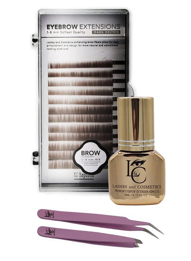 KC Republic Eyebrow Extensions Premium Kit with 1 x Trays of Mink Eyebrows in Dark Brown Comes on Mixed Length Trays 5-8 Mm Mix, Eyebrow Premium Glue Clear & Dual Pack (Straight & Curved Tip) Extension Tweezers - Image 1